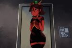  blush bottomwear brown_hair clothing demon elevator elevator_attendant elevator_game elevator_girl_(elevator_game) female h4r4y4 hair hat headgear headwear horn red_body red_eyes red_skin skirt wide_hips 