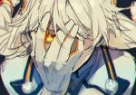  1girl artist_name bangs bgd_3rd black_background bodysuit braid close-up covering_one_eye glowing glowing_eye honkai_(series) honkai_impact_3rd kiana_kaslana kiana_kaslana_(white_comet) long_hair looking_at_viewer sketch twin_braids twitter_username white_bodysuit white_hair yellow_eyes 