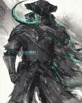  1boy armor aura cape commentary cowboy_shot dark_souls_(series) dark_souls_iii english_commentary gloves green_theme hat highres holding holding_weapon leonhard_(dark_souls) looking_at_viewer male_focus pants shimhaq sickle solo standing tricorne weapon 