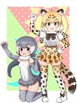  2girls animal_ears arm_up bangs bare_shoulders belt black_hair blonde_hair blush_stickers bow bowtie breast_pocket cat_girl center_frills chibi claw_pose colored_inner_hair covered_navel elbow_gloves eyebrows_visible_through_hair fingerless_gloves fingernails frills full_body fur_collar gloves grey_eyes grey_hair hand_on_hip hand_up high-waist_skirt highres jaguar_(kemono_friends) jaguar_ears jaguar_girl jaguar_print jaguar_tail kemono_friends kneeling knees_together_feet_apart looking_at_viewer medium_hair miniskirt multicolored_hair multiple_girls open_mouth otter_ears otter_girl otter_tail pocket pose print_gloves print_legwear print_scarf print_skirt scarf shirt shoes short_sleeves side-by-side skindentation skirt small-clawed_otter_(kemono_friends) smile standing swimsuit swimsuit_skirt tail thighhighs toeless_legwear two-tone_hair v-shaped_eyebrows wanwan_(wanwan_ag) white_shirt yellow_eyes zettai_ryouiki 