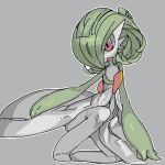  1girl bangs bob_cut colored_sclera colored_skin commentary_request flat_chest full_body gardevoir green_hair green_skin grey_background grey_sclera grey_skin hair_over_one_eye lowres multicolored_skin one_eye_covered one_knee open_mouth outline oyama_yoihaya pokemon pokemon_(creature) red_eyes short_hair simple_background solo two-tone_skin white_outline 