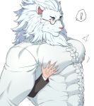  1boy animal_ears asutarou bara beard blush covered_abs facial_hair frilled_shirt frills furry furry_male glasses grabbing groping large_pectorals lion_boy lion_ears long_beard male_focus medium_hair muscular muscular_male pectoral_focus pectoral_grab pectorals reach-around round_eyewear shirt snow_(housamo) solo_focus sweatdrop tokyo_afterschool_summoners upper_body whiskers white_hair 