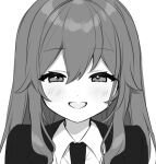  1girl :d bangs blush collared_shirt commentary_request eyebrows_visible_through_hair greyscale hair_between_eyes half-closed_eyes jacket long_hair looking_at_viewer monochrome necktie original shirt simple_background smile solo upper_body white_background yamabukiiro 