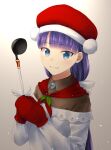  1girl aogiri_(crimaxdaze) apron bangs belt blue_eyes blunt_bangs blush breasts brooch brown_shirt fate/grand_order fate_(series) fur_trim hat highres jewelry ladle long_hair long_sleeves looking_at_viewer martha_(fate) martha_(santa)_(fate) medium_breasts mittens off_shoulder pouch purple_hair red_headwear red_skirt santa_hat shirt skirt smile solo white_apron 