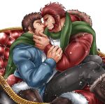  2boys alternate_costume alternate_skin_color arm_grab bara beard blue_eyes blue_jacket boots brown_hair christmas commission couple dark-skinned_male dark_skin eye_contact facial_hair fate/grand_order fate_(series) fur-trimmed_jacket fur_trim goatee green_scarf hand_on_another&#039;s_face hood hooded_jacket imminent_kiss iskandar_(fate) jacket knee_boots leather leather_boots leather_pants long_sideburns looking_at_another male_focus mature_male multiple_boys muscular muscular_male napoleon_bonaparte_(fate) noses_touching pants red_eyes red_hair red_jacket revision scarf shared_scarf shirt short_hair sideburns sitting sitting_on_lap sitting_on_person skeb_commission smile snowing spread_legs sunfight0201 thick_thighs thighs white_shirt yaoi 