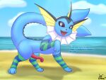  4:3 absurd_res animal_genitalia animal_penis azure_(vaporeon) beach blue_body cetacean_penis clothing detailed_background eeveelution erection everstone_guild feral gau_(artist) genitals hi_res leg_warmers leg_warmers_only legwear looking_at_viewer male mammal nintendo open_mouth penis pink_penis pok&eacute;mon pok&eacute;mon_(species) pok&eacute;mon_mystery_dungeon prehensile_penis presenting seaside solo tapering_penis text tongue vaporeon video_games 
