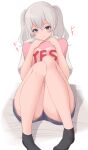  88942731ne alternate_costume black_legwear blue_eyes blue_shorts eyebrows_visible_through_hair holding holding_pillow kantai_collection kashima_(kancolle) knees_up looking_at_viewer object_hug one-hour_drawing_challenge pillow pillow_hug shirt shorts silver_hair sitting smile thighs twintails white_background white_shirt yes yes-no_pillow 
