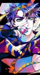  1boy absurdres battle_tendency blue_eyes blue_nails fingerless_gloves gloves highres jojo_no_kimyou_na_bouken joseph_joestar joseph_joestar_(young) male_focus nigelungdayo purple_hair red_stone_of_aja ribbon scarf solo striped striped_scarf triangle_print 