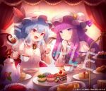  2girls 60mai blue_hair bow cake closed_mouth coffee curtains eyebrows_visible_through_hair fang food frilled_sleeves frills hair_between_eyes hat hat_bow holding indoors jewelry long_hair looking_at_another multiple_girls open_mouth patchouli_knowledge pendant purple_eyes purple_hair red_eyes remilia_scarlet short_hair smile sweets table touhou 