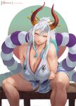  1girl arms_under_breasts bare_arms bare_legs bare_shoulders blue_hair breasts cleavage closed_mouth collarbone crossed_arms curled_horns earrings feet_out_of_frame green_hair hair_ornament hair_stick head_tilt horns huge_breasts japanese_clothes jewelry kimono leaning_forward light_smile lips long_hair looking_at_viewer multicolored_hair multicolored_horns no_pants one_piece oni orange_horns patreon_logo patreon_username red_horns rejean_dubois rope shimenawa short_kimono sidelocks sitting sleeveless sleeveless_kimono solo spread_legs watermark web_address white_hair yamato_(one_piece) 