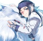  1girl absurdres ainu_clothes asirpa black_hair blue_eyes blush closed_eyes closed_mouth earrings golden_kamuy headband highres jewelry long_hair long_sleeves looking_at_viewer oh_syz one_eye_closed petting purple_headband retar smile wolf 