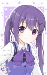  1girl 2021 bow bowtie closed_mouth collared_shirt dated gochuumon_wa_usagi_desu_ka? hair_between_eyes hair_ornament hairclip highres long_hair looking_at_viewer outline purple_bow purple_bowtie purple_eyes purple_hair purple_vest rabbit_house_uniform serika_(celica_speed) shiny shiny_hair shirt signature smile solo tedeza_rize twintails vest white_shirt wing_collar 