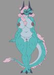  absurd_res anthro blue_body breasts claws dragon fangs female genitals hair hi_res horn mature_female multicolored_body nipples open_mouth open_smile pink_hair pussy scalie simple_background smile solo tolerain_(artist) two_tone_body western_dragon 