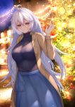  1girl absurdres arm_up black_sweater blue_skirt blurry blurry_background braid breasts brown_coat brown_eyes christmas christmas_lights christmas_tree coat granblue_fantasy hair_between_eyes highres kazama_ran large_breasts long_hair long_skirt looking_at_viewer night night_sky outdoors silva_(granblue_fantasy) silver_hair skirt sky smile standing sweater twin_braids waving 