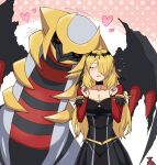  1girl blush breasts cleavage cynthia_(pokemon) dress giratina hair_over_one_eye head_rub highres official_alternate_costume pokemon pokemon_(creature) pokemon_(game) pokemon_dppt pokemon_masters_ex rubbing shimure_(460) sweatdrop wings 