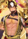  1boy abs absurdres armlet bangs bara bare_pectorals beard black_hair body_markings closed_mouth cropped earrings facial_hair facial_mark fangs fangs_out genshin_impact highres horns japanese_clothes jewelry large_pectorals looking_at_viewer male_focus multicolored_hair muscular muscular_male navel nipples open_clothes pectorals personification scar scar_on_stomach short_hair shoulder_spikes sideburns single_shoulder_pad solo spikes two-tone_hair ushi_(genshin_impact) white_hair yellow_eyes zhineart 