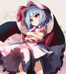  1girl absurdres ascot blue_hair bow commentary crossed_arms eyebrows_visible_through_hair fang frilled_skirt frills frown hair_between_eyes hat hat_bow highres pink_skirt pointy_ears rafa_(rafua_kz) red_ascot red_bow red_eyes remilia_scarlet skirt sleeve_bow solo touhou wings 