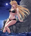  1girl bangs bikini black_bikini blonde_hair breasts cleavage closed_mouth cloud collarbone fate_testarossa floating_hair full_moon hair_between_eyes halterneck highres large_breasts long_hair looking_at_viewer lyrical_nanoha mahou_shoujo_lyrical_nanoha_strikers moon navel night night_sky ocean purple_sky red_eyes shiny shiny_hair sitting sky smile soaking_feet solo sougetsu_izuki swimsuit very_long_hair 