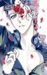  1boy blue_hair braid bug cleavage_cutout close-up clothing_cutout flower giorno_giovanna high_collar highres holding holding_flower jojo_no_kimyou_na_bouken ladybug multicolored_hair nigelungdayo petals red_hair solo two-tone_hair vento_aureo 