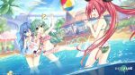 3girls ball bare_arms bare_legs bare_shoulders beach_umbrella beachball bikini blue_eyes blue_hair date_a_live date_a_live:_spirit_pledge day eyebrows_visible_through_hair green_bikini green_eyes green_hair highres itsuka_kotori long_hair multiple_girls natsumi_(date_a_live) official_art one_eye_closed open_mouth palm_tree pink_swimsuit pool rainbow red_eyes red_hair smile swimsuit tree umbrella white_swimsuit yoshino_(date_a_live) yoshinon 