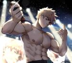  1boy \n/ absurdres alternate_universe artist_name bakugou_katsuki blonde_hair boku_no_hero_academia concert hand_gesture highres holding holding_microphone idol jackray85674939 male_focus microphone muscular muscular_male screen spiked_hair stage stage_lights sweatdrop topless_male 