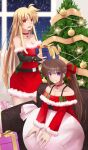  2girls :d bangs bare_legs bare_shoulders belt black_belt black_sleeves blonde_hair blurry blurry_background bow box breasts bridal_gauntlets brown_hair choker christmas christmas_tree cleavage closed_mouth collarbone cowboy_shot detached_sleeves dress eyebrows_visible_through_hair fate_testarossa fur-trimmed_dress fur-trimmed_sleeves fur_trim gift gift_bag gift_box hair_between_eyes hair_bow highres holding holding_box jewelry large_breasts long_hair long_sleeves looking_at_viewer lyrical_nanoha mahou_shoujo_lyrical_nanoha_strikers multiple_girls necklace off-shoulder_dress off_shoulder ponytail purple_eyes red_bow red_choker red_dress red_eyes santa_costume shiny shiny_hair short_dress sidelocks smile sougetsu_izuki standing star_(symbol) star_necklace strapless strapless_dress takamachi_nanoha very_long_hair 