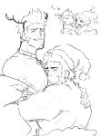  2boys antlers bara bare_pectorals beard blush chibi chibi_inset christmas comforting couple face_to_pecs facial_hair fate/grand_order fate_(series) goatee greyscale hand_on_another&#039;s_shoulder hug iskandar_(fate) loboke long_sideburns lying male_focus mature_male monochrome multiple_boys muscular muscular_male napoleon_bonaparte_(fate) on_side pectoral_kiss pectorals reindeer_antlers scar scar_on_chest short_hair sideburns sketch sleeping smile upper_body zzz 