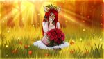  2018 5_fingers amur anthro breasts cervid clothed clothing day detailed_background digital_media_(artwork) female fingers forest grass hair hooves mammal outside plant red_hair smile tree 