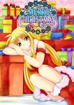  1girl bangs blonde_hair boots christmas closed_mouth commentary_request dress english_text eyebrows_visible_through_hair fate_testarossa fur-trimmed_dress fur_trim gift highres leaning_to_the_side long_hair looking_at_viewer lyrical_nanoha mahou_shoujo_lyrical_nanoha_strikers merry_christmas red_dress red_eyes red_footwear santa_boots santa_dress short_dress sitting sleeveless sleeveless_dress smile solo sparkle w00l_09 