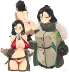  1girl ass back bare_shoulders belt bikini black_hair blush breasts brown_belt cleavage closed_mouth coat detached_collar dress ear_piercing earrings girls&#039;_frontline green_coat green_dress green_eyes hair_behind_ear highres jewelry kion-kun large_breasts leaning_forward long_hair long_neck looking_at_viewer mole mole_under_eye navel piercing python_(girls&#039;_frontline) red_bikini removing_coat standing swimsuit thighhighs white_background 