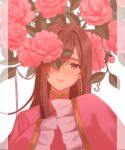  1girl absurdres axis_powers_hetalia bangs brown_hair chinese_clothes flower frilled_sleeves frills hair_flowing_over hands_up highres lips long_hair looking_at_viewer one_eye_covered pillarboxed pink_flower plant sleeves_past_fingers sleeves_past_wrists smile solo straight-on taiwan_(hetalia) upper_body usasuzu white_background 