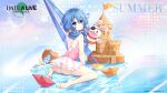  1girl bare_arms bare_legs bare_shoulders barefoot blue_eyes blue_hair date_a_live date_a_live:_spirit_pledge eyebrows_visible_through_hair highres ice ice_cube long_hair looking_at_viewer looking_back official_art open_mouth pink_swimsuit sand_castle sand_sculpture solo swimsuit water yoshino_(date_a_live) yoshinon 
