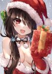  1girl :d asle bangs bare_shoulders black_hair blush bow breasts christmas christmas_present clothes_down date_a_live fur_collar gift gloves hair_between_eyes hair_censor hair_ornament hair_over_one_eye hand_up hat hat_bow heterochromia holding holding_gift incoming_gift long_hair looking_at_viewer low_twintails medium_breasts neck_ribbon open_mouth red_eyes ribbon santa_costume santa_gloves santa_hat smile snowflake_hair_ornament snowing solo tokisaki_kurumi twintails upper_body yellow_eyes 