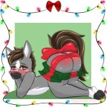  accessory anthro belly black_muzzle blush brown_eyes brown_hair bubble_butt butt chibi christmas christmas_lights dallas_prairiewind equid equine fur furgonomics grey_body grey_fur hair hi_res holidays horse leg_markings lying male mammal markings momodesugart nude on_front ribbons simple_background socks_(marking) solo tail_accessory tail_bow tail_ribbon white_belly white_markings 