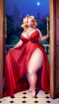  absurd_res anthro big_breasts blonde_hair breasts cleavage clothed clothing cloven_hooves domestic_pig door dress eyebrow_through_hair eyebrows eyelashes female green_eyes hair hi_res holivi hooves huge_breasts looking_at_viewer mammal night red_clothing red_dress smile smiling_at_viewer solo suid suina sus_(pig) thick_thighs translucent translucent_hair wide_hips 