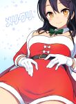  1girl bangs black_hair blush bow bowtie breasts christmas coat commentary_request detached_collar dress eyebrows_visible_through_hair fur-trimmed_dress fur_trim gloves gradient gradient_background green_bow green_bowtie hair_between_eyes kantai_collection long_hair looking_at_viewer merry_christmas official_alternate_costume open_clothes open_coat orange_eyes oyashio_(kancolle) red_coat red_dress santa_costume simple_background smile snowflakes solo taketora_suzume white_gloves 