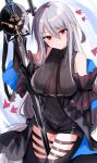  1girl arknights bangs bare_shoulders black_legwear blush breasts closed_mouth clothing_cutout detached_sleeves eyebrows_visible_through_hair grey_hair hair_between_eyes highres kinona large_breasts long_hair looking_at_viewer red_eyes skadi_(arknights) solo thigh_cutout thigh_strap thighs weapon 