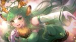  1girl 60mai :d animal_ears antlers breasts buttons commentary_request copyright_request elbow_gloves eyebrows_visible_through_hair eyelashes flower gloves green_eyes green_hair large_breasts light_blush long_hair looking_at_viewer open_mouth reindeer_antlers smile solo sunlight teeth virtual_youtuber white_gloves yellow_flower 