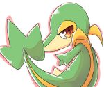  3_fingers 6:5 ambiguous_gender feral fingers green_body looking_at_viewer nintendo orange_eyes outline pink_outline pok&eacute;mon pok&eacute;mon_(species) simple_background smile snivy solo video_games white_background ちゃば 