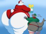  anthro big_butt bubble_butt butt butt_slap christmas christmas_clothing christmas_headwear clothing costume duo elf_costume english_text fur gift grey_body hat headgear headwear hi_res holidays huge_butt hyper hyper_butt legwear male male/male mammal marine megacoolbear_(artist) pinniped polar_bear santa_costume santa_hat seal slap stockings text thigh_highs thong underwear ursid ursine white_body white_fur 