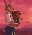  anthro biped blacksad blue_bottomwear blue_clothing blue_pants bottomwear bouquet clothed clothing dress_shirt felid feline flower fur hi_res holding_bouquet holding_flower holding_object joe_dunn looking_at_viewer lynx male mammal pants plant shirt solo spots spotted_body spotted_fur sunset topwear vhkansfweer whiskers 