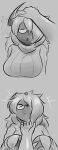  absol anthro blush breasts chin_scratch clothing disembodied_hand duo eyes_closed eyewear female flower glasses greyscale happy hi_res human layan_irfan mammal monochrome nintendo one_eye_obstructed open_mouth plant pok&eacute;mon pok&eacute;mon_(species) smile sweater tetsushi topwear video_games 