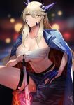  1girl absurdres artoria_pendragon_(fate) artoria_pendragon_(lancer_alter)_(fate) bangs belt black_skirt blonde_hair blue_coat braid breasts claws cleavage coat coat_on_shoulders collarbone fate/grand_order fate_(series) french_braid hair_between_eyes highres horns large_breasts long_hair looking_at_viewer memero_7272 navel sidelocks skirt thigh_strap thighs yellow_eyes 