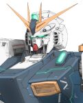  aron_e char&#039;s_counterattack glowing glowing_eyes green_eyes gundam highres mecha mobile_suit no_humans nu_gundam portrait science_fiction solo v-fin white_background 
