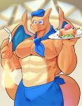  abs anthro biped blue_apron blue_clothing blue_eyes blue_hat blue_headwear blue_kerchief blue_neckerchief blush charizard clothing fangs fire flaming_tail food hat headgear headwear hi_res holding_object holding_paper holding_plate kerchief male manyu muscular muscular_anthro muscular_male neckerchief nintendo orange_body pancake paper pecs pok&eacute;mon pok&eacute;mon_(species) pokemon_cafe_mix solo video_games wings 