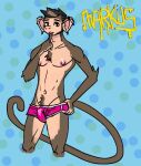  bulge chest_tuft clothing ear_piercing haplorhine hi_res long_tail male mammal monkey navel nipples piercing pink_clothing pink_underwear primate pubes slim solo tuft underwear 