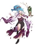 1girl ankle_boots bangs blue_hair boots fire_emblem fire_emblem_heroes fur_trim highres ichibi japanese_clothes kimono long_hair official_art reginn_(fire_emblem) shiny shiny_hair solo tied_hair transparent_background wide_sleeves yellow_eyes 