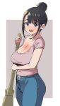  1girl bangs black_eyes black_hair blue_pants blush breasts broom cleavage commentary_request eyebrows_visible_through_hair geso_smith highres holding holding_broom large_breasts looking_at_viewer mole mole_on_breast mole_under_mouth open_mouth original pants pink_shirt sagging_breasts shirt short_sleeves simple_background solo two-tone_background 