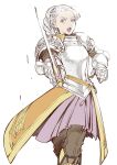 1girl armor braid chris_lightfellow french_braid gensou_suikoden gensou_suikoden_iii gloves looking_at_viewer open_mouth purple_eyes shimizu_aki short_hair silver_hair simple_background solo sword weapon white_background 