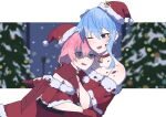  2girls @_@ aasu_(mhgbh510) bell blood blood_on_hands blood_on_weapon blood_splatter blue_eyes blue_hair blush christmas_tree collarbone eyebrows_visible_through_hair gloves green_eyes hat highres hololive hoshimachi_suisei hug looking_at_another multiple_girls neck_bell one_eye_closed pink_hair red_gloves sakura_miko santa_hat shaded_face smile sweat upper_body virtual_youtuber weapon yuri 